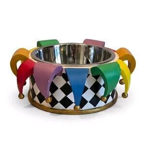 Family Pet Pride Jester Rainbow Food/Water Bowl Stand LARGE Mardi Gras 10" EUC